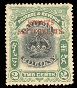 Straits Settlements #135 Cat$425, 1907 2c green and black, hinged