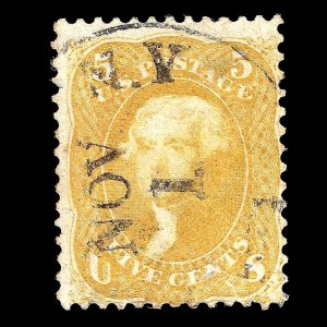 WCstamps:U.S. Scott #67a / 5c Brown Yellow, VG, Used, 2023 Crowe Cert  CV $1,900