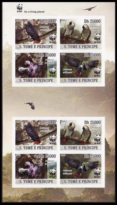 Sao Tome Birds WWF Grey Parrot Imperforated Sheetlet of 2 sets