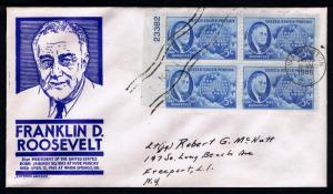 1946 FRANKLIN D. ROOSEVELT MEMORIAL FIRST DAY COVER W/ PB OF 4  (ESP#2133)