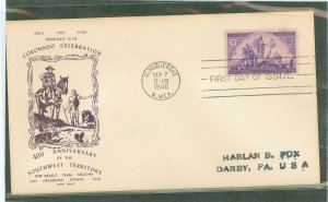 US 898 1940 3c Coronado Expedition/400th anniversary on an addressed first day cover with a hobby house cachet.