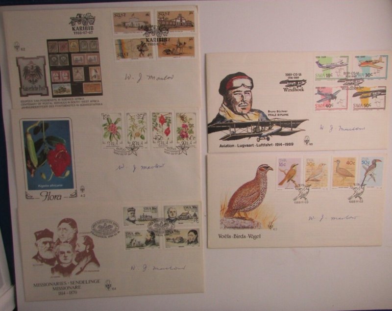 1988-90  Sc#602/644 Southwest Africa 5 FDCs Flora*Aviation*Birds*Missionaries*