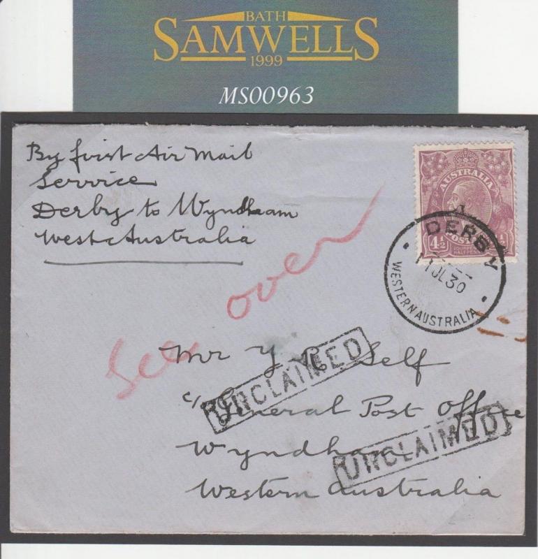 MS963 1930 AUSTRALIA INTERNAL AIR First Flight Cover *Derby WA* FFC Eustis 164