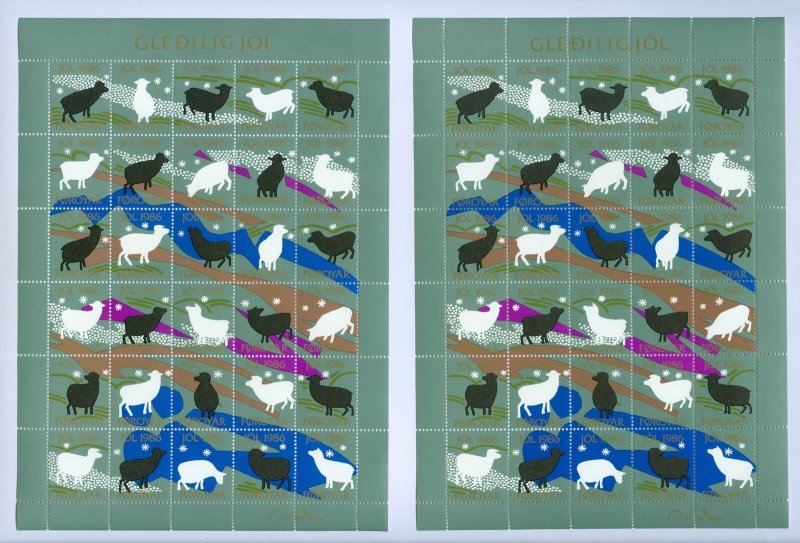 Faroe Islands. 10 Christmas Seal 1986 Full Sheet Mnh.2 Diff Perf.Ram,Sheep,Snow.