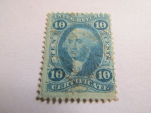 US Stamps, Scott #R33 BLUE 10 CENT CERTIFICATE REVENUE STAMP 1862 F-VF USED,