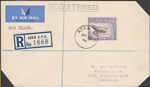 ADEN 1954 1/- on registered 2d Class cover to UK - ........................56768