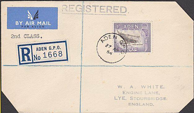 ADEN 1954 1/- on registered 2d Class cover to UK - ........................56768