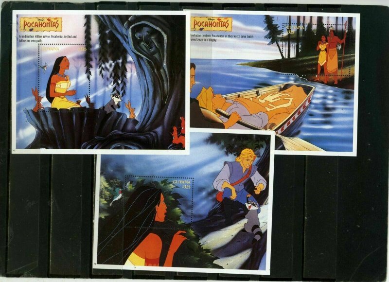 GUYANA 1995 WALT DISNEY POCAHONTAS 3 SHEETS OF 9 STAMPS & 3 S/S MNH