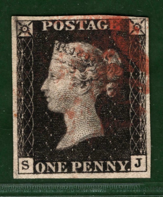 GB PENNY BLACK QV Stamp 1d Plate 8 (SJ) Red MX (1840) Used G-FU Cat £525 GRED29