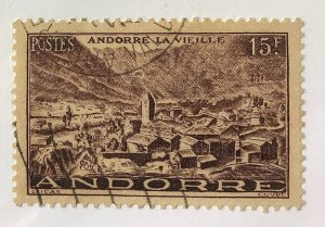 Andorra, FR 1949 Scott 121 used - 15fr,  Landscape, view of Andorra la Vella