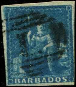 Barbados SC# 6 SG# 5a Britannia (1d) blue Imperf Used