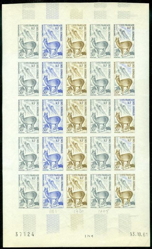 EDW1949SELL : SOMALI COAST 1962 Sc#292 Animals Scarce Trial color full sht of 25