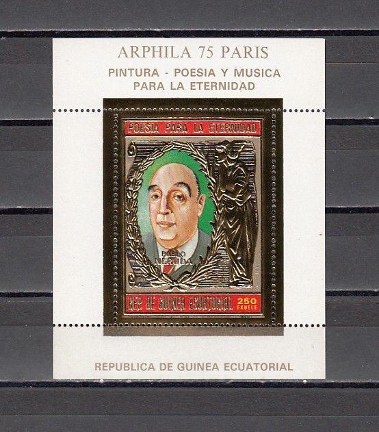 Eq. Guinea, MI cat. 522, BL153 A. Pablo Neruda Gold Foil s/sheet.