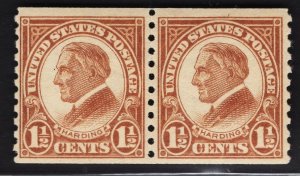 US #598 1 1/2c Brown Harding Joint Line Pair MINT NH   SCV $3.80