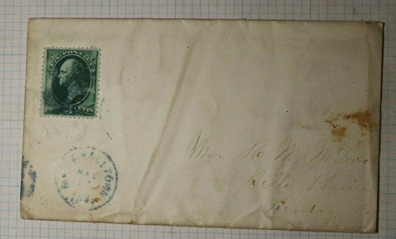 US Sc# 158 Used On Cover 1874 Marshalltown Belle Plaine IA Blue Cancel