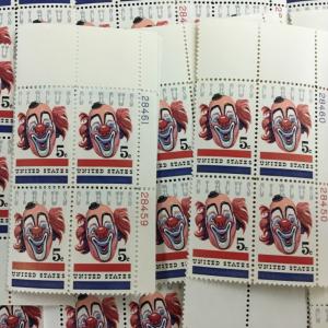 1309     American Circus, Clown  25 Plate blocks  MNH 5 cents  Issued in 1966