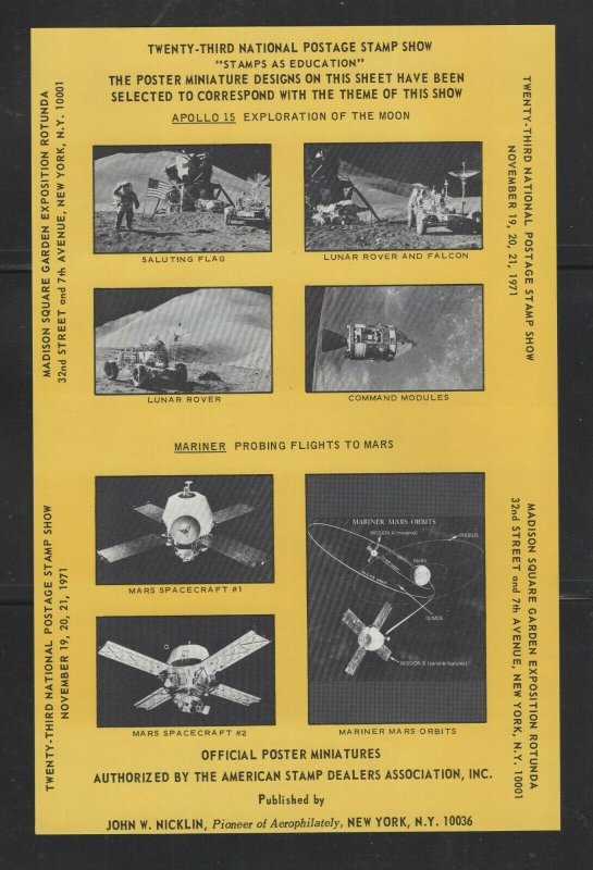 ASDA sheet of 8 Apollo 15/Mariner Poster stamps yellow for 1971  Stamp Expo - I