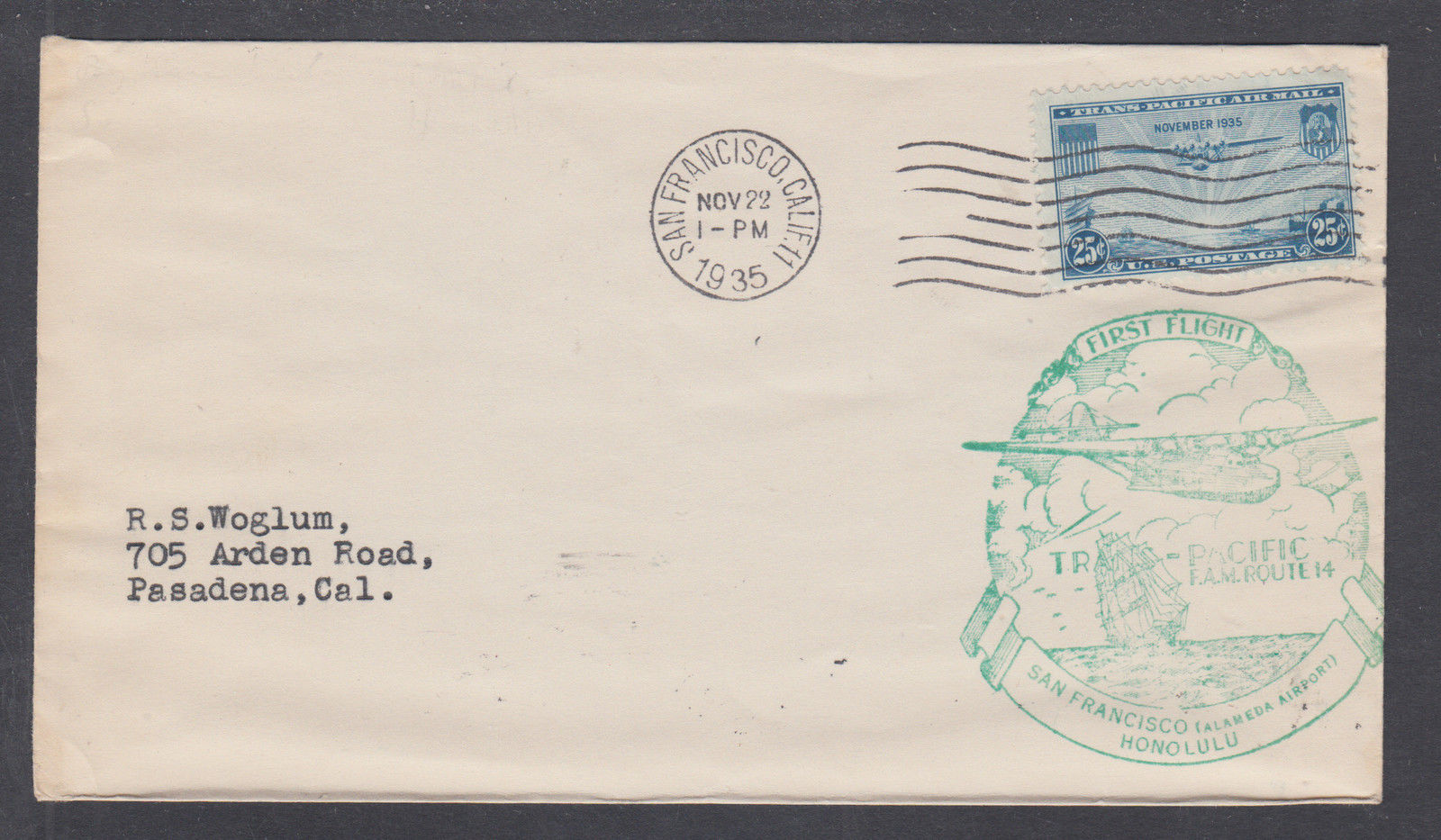 US Sc C20 FDC, 1935 25c Trans-Pacific, green cachet, addressed ...