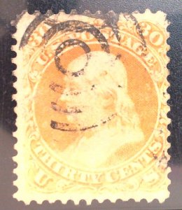 Scott #71 - VF - 30c Orange - Franklin - Used - Faults - 1861