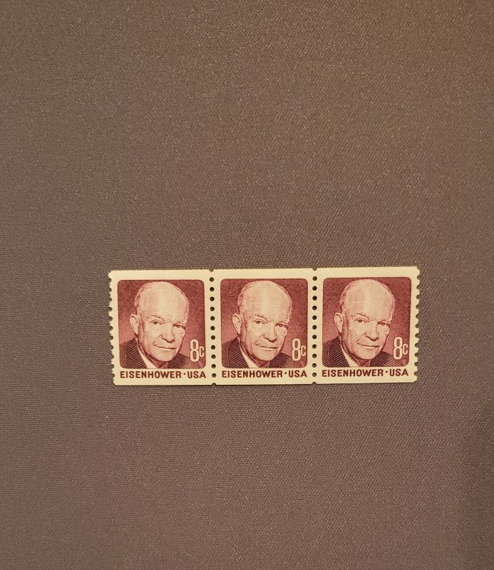 1402, Eisenhower claret, Line of 3, Mint OGNH, CV $1.50