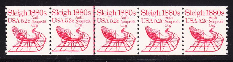 Sleigh 1880's  5.2c Plate Number Coil Strip of 5. Nr.-1 as a Line Pair.