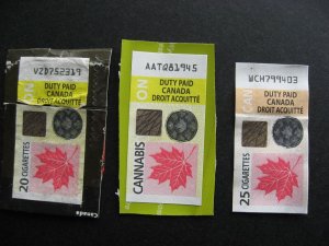 Canada 3 revenue stamps ON Cannabis ON and CAN Cigarette used