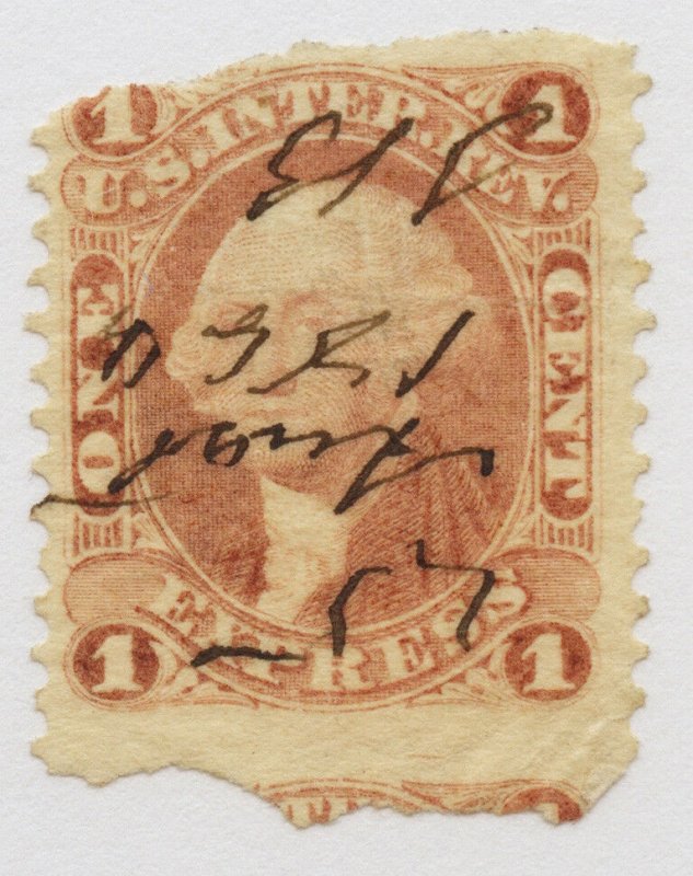 B67 U.S. Revenue Scott R1b 1-cent Express part perf 1864 manuscript cancel