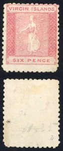 Virgin Islands 1866 SG.7 6d rose-red no wmk P12 toned paper unused c 60 pounds