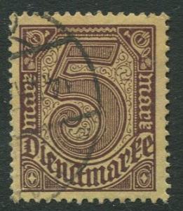 GERMANY. -Scott O13 - Officials -1920 -VFU  - Single 5m Stamp