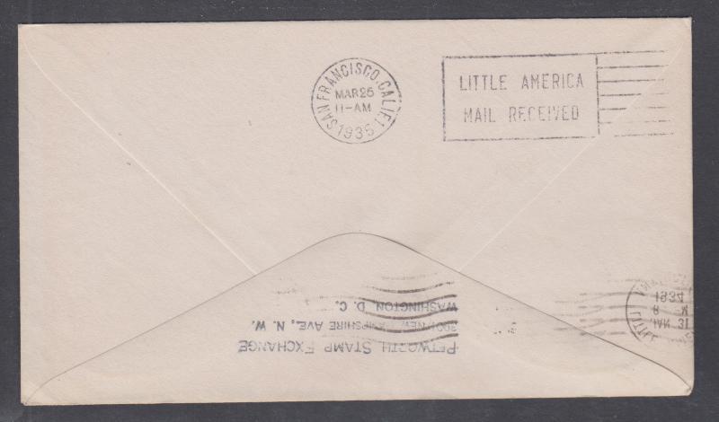 US Sc 733 used on 1934 Little America Cover, Delayed 1 Year handstamp Antarctica