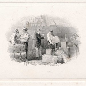 Unloading goods at a wharf, Vignette Die Proof, Frederick Girsch, 1860s ABNCo