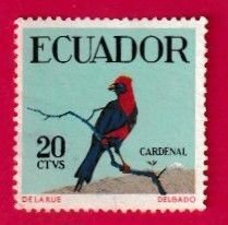 ECUADOR SCOTT#645 1958 20c MASKED CRIMSON TANAGER BIRD - USED