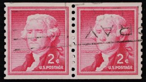 U.S. Used Stamp Scott #1055 2c Jefferson Pair, Superb. Slogan Cancel. A Gem!