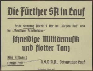 3rd Reich Germany Fuerth Bavaria SA Military Music and Dance Party Leafle 106191