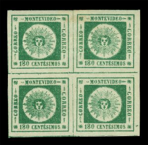 URUGUAY 1859  SUN   180c green  Scott # 11 mint MNH/MH VF  Block 4