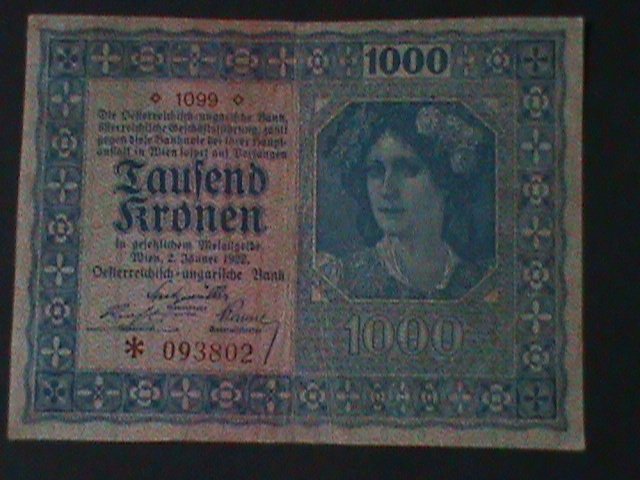 ​AUSTRIA-1922-AUSTRIAN GOVERNMENT FIRST $1000 KRONEN-LIT-CIRCULATED-VF