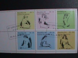 EQUATORIAL GUINEA 1976 -FAMOUS NUDE ARTS SCATCH DRAWING CTO SHEET VERY FINE