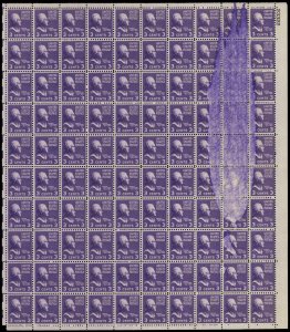 807, Mint NH 3¢ Odd Inking Freak Error - Full Sheet of 100 Stamps - Stuart Katz