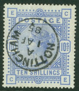 SG 182 10/- cobalt on white paper. Very fine used with a Nottingham, April...