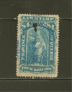 Canada Revenue Stamp QL27 $4.00 1871-1890 Quebec Law Stamp Used