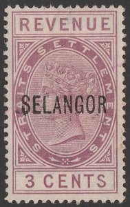 MALAYA - Selangor ca1885 'SELANGOR' on QV Revenue 3c purple, sans-serif.