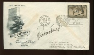 U.N. POSTAL ADMINISTRATION REIDAR TVEDT SIGNED 1953 UN FIRST DAY COVER (CV 650)