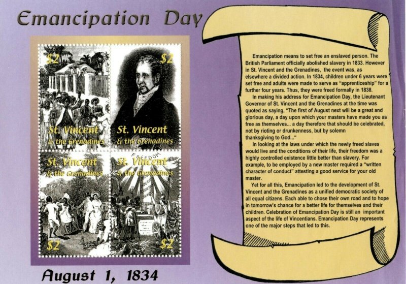 St. Vincent 2002 - SC# 3042 Emancipation Day, History - Sheet of 4 Stamps - MNH