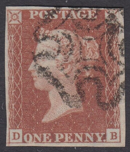 SG 7 1d red-brown plate 10 lettered DB. Very fine used. 4 good/fine margins...