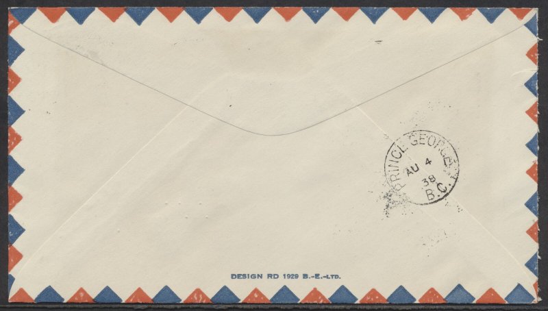 1938 Pilot Signed Flight Cover Vancouver to Prince George BC #3833b