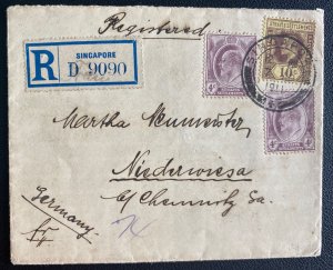 1911 Singapore Straits Settlement Registered  Cover To Chemnitz Germany