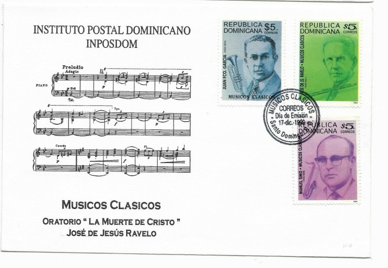 DOMINICAN REPUBLIC, REP. DOMINICANA YEAR 1999 MUSIC MUSICIAN SET ON FDC COVER