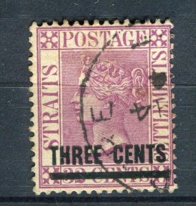 MALAYA; 1891-92 early classic QV surcharged issue fine used THREE CENTS