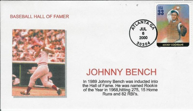 Baseball Legends Catchers Johnny Bench Cincinnati Reds + Mickey Cochrane FDC #1
