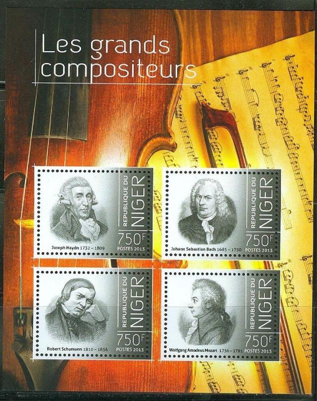 NIGER 2013 GREAT COMPOSERS SHEET OF FOUR STAMPS HAYDN BACH SCHUMANN MOZART